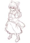  absurdres angry ascot bow collarbone detached_sleeves frilled_shirt_collar frills frown hair_bow hair_tubes hakurei_reimu highres long_hair long_skirt looking_down monochrome open_mouth sketch skirt solo tanakara touhou tsurime 