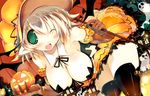  ;d bare_shoulders bent_over black_legwear blonde_hair blush breasts brown_gloves cleavage detached_collar elbow_gloves fang ghost gloves green_eyes halloween hat holding jack-o'-lantern large_breasts looking_at_viewer one_eye_closed open_mouth original pointy_ears sakaki_(noi-gren) smile thighhighs 