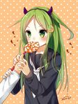  admiral_(kantai_collection) bad_id bad_twitter_id black_serafuku candy crescent crescent_hair_ornament fake_horns food green_eyes green_hair hair_ornament horns kantai_collection lollipop long_hair long_sleeves nagatsuki_(kantai_collection) nunucco school_uniform serafuku swirl_lollipop 