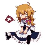  ahoge angry bad_id bad_pixiv_id blank_eyes bow braid chibi clenched_hands hair_bow hands_on_lap hosomitimiti kirisame_marisa light_brown_hair long_hair no_hat no_headwear open_mouth shoes side_braid sitting skirt solo speech_bubble teardrop touhou turtleneck vest wavy_mouth 