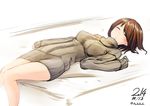  bad_id bad_pixiv_id bottomless breasts brown_hair casual closed_eyes dated hyuuga_(kantai_collection) kantai_collection knees_together_feet_apart long_sleeves lying medium_breasts nekobaka no_pants on_back ribbed_sweater short_hair sketch sleeping sleeves_past_wrists solo sweater taut_clothes twitter_username white_background 