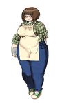  1girl apron breasts brown_eyes brown_hair fat full_body glasses kjmvideo large_breasts thick_thighs thighs wide_hips 