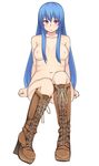  bad_id bad_pixiv_id belly blue_hair boots breasts full_body high_heels highres hinanawi_tenshi large_breasts long_hair michihasu navel nipples nude purple_eyes simple_background sitting solo touhou white_background 