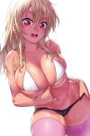  1girl :d bangs bare_shoulders bikini blonde_hair blush breasts cleavage collarbone erect_nipples hair_between_eyes halter_top halterneck highres large_breasts long_hair looking_at_viewer micro_shorts navel onsoku_maru open_mouth original pink_legwear shorts simple_background smile solo swimsuit thighhighs thighs upper_teeth white_background white_bikini_top 