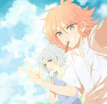  aki_(645451622) blue_hair brothers cloud day dutch_angle food fubuki_atsuya fubuki_shirou grin inazuma_eleven inazuma_eleven_(series) male_focus mouth_hold multiple_boys no_pupils open_mouth orange_hair popsicle popsicle_stick siblings sky smile 