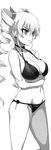  bangs bikini breast_hold breasts choker claire_harvey cleavage cowboy_shot crossed_arms drill_hair earrings from_side greyscale groin hair_between_eyes hair_ornament highres hundred jewelry large_breasts long_hair looking_to_the_side monochrome navel official_art ookuma_(nitroplus) open_mouth scan sidelocks simple_background solo standing string_bikini swimsuit thighs tsurime twin_drills very_long_hair white_background 