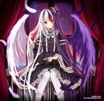  album_cover cat cover curtains dress feathers glowing glowing_eyes gothic_lolita hair_flowing_over hat kazuharu_kina lolita_fashion long_hair looking_at_viewer multicolored_hair night night_sky original pantyhose purple_hair red_eyes sitting sky star_(sky) two-tone_hair very_long_hair white_hair white_legwear window wings 