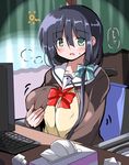  black_hair blush bow breasts clothed_masturbation desk green_eyes hair_ribbon heavy_breathing keyboard_(computer) large_breasts long_hair masturbation masturbation_through_clothing monitor ribbon sanshuu_middle_school_uniform school_uniform self_fondle sitting solo tissue_box tougou_mimori tsuzuri_(tuzuri) used_tissue wheelchair yuuki_yuuna_wa_yuusha_de_aru yuusha_de_aru 