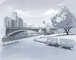  bridge building cloud greyscale lamppost monochrome no_humans original river scenery seo_tatsuya shadow sky tree 