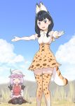  2girls animal_ears black_hair blush_stickers bow commentary cosplay elbow_gloves eyes_closed gloves hat hat_feather high-waist_skirt highres kaban_(kemono_friends) kaban_(kemono_friends)_(cosplay) kemono_friends long_hair multiple_girls outdoors pantyhose pink_hair savannah serval_(kemono_friends) serval_(kemono_friends)_(cosplay) shinjou_akane short_hair shorts sitting skirt sky sleeveless ssss.gridman tail takarada_rikka thighhighs ueyama_michirou wariza 