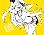  bad_id bad_pixiv_id bikini bikini_skirt breasts divine_gate doodle-doo frilled_bikini frills front-tie_top hat jewelry large_breasts long_hair looking_at_viewer monochrome necklace one_eye_closed open_mouth side-tie_bikini simple_background smile solo swimsuit very_long_hair yellow_background 