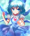  bad_id bad_pixiv_id blue_dress blue_eyes blue_hair bow cirno dress grin hair_bow hizagawa_rau ice ice_wings pointing pointing_at_viewer puffy_short_sleeves puffy_sleeves shirt short_sleeves sketch smile solo touhou wings 