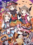  asymmetrical_legwear bat blush brown_eyes brown_hair double_bun gloves halloween hat highres jack-o'-lantern jintsuu_(kantai_collection) kantai_collection long_hair multiple_girls naka_(kantai_collection) one_eye_closed open_mouth pantyhose pumpkin rensouhou-chan ruu_(tksymkw) sendai_(kantai_collection) short_hair smile two_side_up v witch_hat 