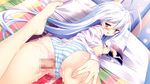  1girl areolae ass barefoot bed blue_hair blush breasts censored feet game_cg hair_ornament highres kanojo_ga_ore_ni_kureta_mono._ore_ga_kanojo_ni_ageru_mono. large_breasts legs long_hair looking_down lying magazine nabekane_tsubasa nipples on_stomach onomatope open_clothes open_mouth ornament panties penis pillow pussy red_eyes sex shiratama solo striped striped_panties thighs toes underwear vaginal 