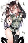  animal_ears ass asymmetrical_gloves asymmetrical_legwear black_gloves blush bow bowtie brown_hair cat_ears cat_tail gloves green_eyes highres kantai_collection kemonomimi_mode kneeling long_hair looking_at_viewer nekometaru paw_pose pelvic_curtain remodel_(kantai_collection) single_thighhigh solo sweatdrop tail thighhighs tone_(kantai_collection) translation_request trembling twintails wavy_mouth white_background 
