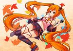  acorn aki_miku alternate_costume alternate_eye_color alternate_hair_color autumn boots detached_sleeves hair_ornament hatsune_miku highres long_hair microphone miu_(angelo_whitechoc) navel orange_eyes orange_hair skirt smile solo thigh_boots thighhighs twintails very_long_hair vocaloid 