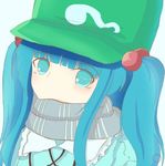  alternate_hair_length alternate_hairstyle aqua_eyes aqua_hair bad_id bad_pixiv_id blush face hair_bobbles hair_ornament hat kawashiro_nitori lisette long_hair looking_at_viewer lowres scarf scarf_over_mouth simple_background solo touhou twintails upper_body white_background 