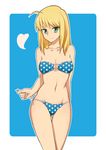  ahoge arm_behind_back artoria_pendragon_(all) bandeau bikini blonde_hair blue_background border collarbone cowboy_shot fate/hollow_ataraxia fate/stay_night fate/zero fate_(series) green_eyes long_hair looking_at_viewer navel o-ring o-ring_top polka_dot polka_dot_bikini polka_dot_swimsuit ryusho saber side-tie_bikini smile solo standing swimsuit thigh_gap untying 
