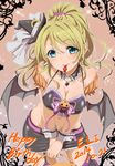  2014 ayase_eli bare_shoulders bat_wings belt blonde_hair blue_eyes breasts candy character_name clearite cowboy_shot dated detached_collar food garter_straps halloween happy_birthday hat highres looking_at_viewer love_live! love_live!_school_idol_project medium_breasts mini_hat mouth_hold navel pencil_skirt ponytail skirt solo sparkle v_arms wings witch_hat wrist_cuffs 