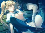 1girl areolae bench blonde_hair blush breasts busou_shoujotai_blade_briders censored eyes_closed fingering game_cg highres legs long_hair medium_breasts min-naraken night nipples no_bra no_panties open_mouth pussy pussy_jucie pussy_juice shirt_lift shoes sitting skirt spread_legs thighs twintails wet 