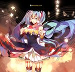  blue_eyes blue_hair dress earrings floating_hair garter_straps halloween hatsune_miku highres jewelry long_hair open_mouth solo star thighhighs twintails very_long_hair vocaloid yoisy 