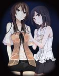  bike_shorts black_hair brown_hair fatal_frame_5 highres hinasaki_miu holding_hands kozukata_yuuri makusu multiple_girls skirt wet wet_clothes 