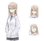  adjusting_eyewear blonde_hair cardigan ganesagi glasses hands_in_pockets long_hair multiple_views original school_uniform yellow_eyes 