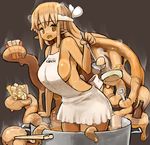  apron bottle bottle_opener breasts brown_hair chikuwa chopsticks clothes_writing commentary cooking cowboy_shot dark_skin egg food food_request goo_girl headband highres in_container in_food konnyaku_(food) large_breasts long_hair monster_girl naked_apron nijitama_shiyushiyu oden open_mouth orange_eyes original pointy_ears pot prehensile_hair sideboob simple_background solo steam tentacle_hair very_long_hair 