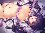  1girl areolae bed blush breasts busou_shoujotai_blade_briders game_cg highres large_breasts legs long_hair lying min-naraken navel nipples no_bra open_clothes open_mouth panties purple_eyes purple_hair rape solo tentacle thighs underwear 