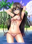  :d armlet armpits arms_behind_head arms_up bad_id bad_pixiv_id bangs beach bikini black_hair blue_eyes blush breasts cliff cloud cowboy_shot crane day flower front-tie_bikini front-tie_top hair_between_eyes hair_flower hair_ornament kantai_collection kisaragi_(kantai_collection) long_hair looking_at_viewer navel open_mouth outdoors palm_tree polka_dot polka_dot_bikini polka_dot_swimsuit shibata_rai side-tie_bikini sidelocks sky small_breasts smile solo stomach string_bikini swimsuit thighs tree very_long_hair wading water wet 