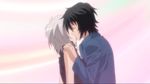  1boy 1girl animated animated_gif homura_(sekirei) kiss red_eyes sahashi_minato sekirei short_hair standing torn_clothes white_hair 