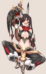  alph_lyla animal_ears arm_up bare_shoulders bird black_hair breasts bunny_ears cleavage detached_sleeves eyepatch flower ganesagi highres large_breasts long_hair mask midriff open_mouth phantasy_star phantasy_star_online_2 red_eyes rose sandals scarf sitting smile twintails 