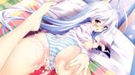  1girl areolae ass barefoot bed blue_hair blush breasts censored cum cum_in_pussy feet game_cg hair_ornament highres kanojo_ga_ore_ni_kureta_mono._ore_ga_kanojo_ni_ageru_mono. large_breasts legs long_hair looking_down lying magazine nabekane_tsubasa nipples on_stomach onomatope open_clothes open_mouth ornament panties pillow pussy red_eyes shiratama solo striped striped_panties thighs toes underwear 