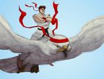  barefoot beak bird black_hair crossed_arms dougi drawfag epic eyebrows falcon flying headband muscle oversized_animal riding ryuu_(street_fighter) short_hair sleeveless solo street_fighter thick_eyebrows 