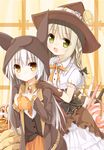  :d bow braid brown_eyes brown_gloves elbow_gloves food gloves green_eyes hair_bow hair_ribbon halloween hands_on_another's_shoulders hat jack-o'-lantern light_brown_hair long_hair looking_at_viewer multiple_girls open_mouth original pocky ribbon single_braid smile white_hair witch_hat yuuhagi_(amaretto-no-natsu) 