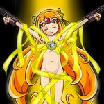  bdsm black_background bondage bound brooch chain circlet closed_eyes cure_muse_(yellow) gradient gradient_background heart jewelry kogane_(staygold) long_hair magical_girl naked_ribbon navel orange_hair precure ribbon shirabe_ako solo suite_precure unconscious very_long_hair yellow_background 