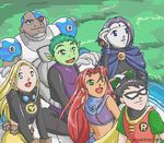  3boys 3girls alien bald beast_boy_(dc) black_hair blonde_hair blue_eyes bodysuit cape cartoon_network cloak cyborg cyborg_(dc) dark_skin dc_comics dick_grayson domino_mask forehead_jewel garfield_logan gloves goggles goggles_around_neck gray_skin green_eyes green_hair green_skin grey_skin leotard long_sleeves lowres mask midriff multiple_boys multiple_girls orange_skin purple_hair raven_(dc) red_eye red_eyes red_hair robin_(dc) short_sleeves shorts skirt smile starfire teen_titans terra_(dc) victor_stone wind 