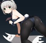  arm_support ass bad_id bad_pixiv_id bare_arms bare_shoulders black_legwear blush bunnysuit green_eyes grey_hair hairband kinakomoti kneeling looking_at_viewer looking_back open_mouth pantyhose sanya_v_litvyak shiny shiny_clothes short_hair simple_background solo strike_witches world_witches_series wrist_cuffs 