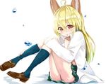  animal_ears bad_id bad_pixiv_id blonde_hair covering covering_breasts dog_ears elin_(tera) kneehighs knees_to_chest legs long_hair no_tail open_clothes open_shirt red_eyes school_uniform shirt sitting skirt solo tera_online yuuuuu 