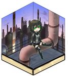  black_hair black_sclera chibi ganesagi gloves green_eyes isometric original short_hair solo thighhighs 