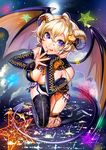  :p asymmetrical_legwear bare_shoulders black_legwear blonde_hair boots breasts city_lights cleavage cloud demon_girl demon_horns demon_tail demon_wings detached_sleeves facial_mark fingers_to_mouth full_moon garter_straps halloween hand_on_own_face horns large_breasts looking_at_viewer matsurika_youko moon nail_polish original purple_eyes purple_nails short_hair sky solo star star_(sky) star_print starry_sky tail thighhighs tongue tongue_out wings 