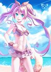  bikini blue_eyes bow braid cloud cure_melody day earrings frilled_bikini frills hair_ribbon houjou_hibiki hummy_(suite_precure) innertube jewelry long_hair pink_bikini pink_bow pink_hair precure ribbon sky smile solo suite_precure swimsuit tarou_(kitsune_kitsune) twintails very_long_hair 