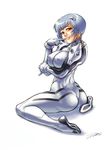  ass ayanami_rei blue_hair bodysuit breast_lift breasts covered_nipples damien_dozias finger_to_mouth hairpods large_breasts lips neon_genesis_evangelion nose out_of_character plugsuit red_eyes short_hair sitting skin_tight smile solo wariza white_background 
