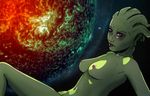  1girl alien breasts convenient_censoring green_eyes green_skin large_breasts mass_effect nipples nude shiala solo 