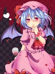 :3 ascot bad_id bad_pixiv_id bat_wings blood blood_in_mouth blue_hair glass gradient_hair hat heart looking_at_viewer mob_cap multicolored_hair petals purple_eyes remilia_scarlet short_hair solo touhou uguisu_mochi_(ykss35) wind wings wrist_cuffs 