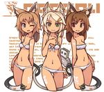  animal_ears bikini blonde_hair blue_eyes brown_eyes brown_hair cable cat_ears commentary cropped_legs english_commentary fang front-tie_top green_eyes grin long_hair looking_at_viewer multiple_girls nancou_(nankou) navel one_eye_closed original smile swimsuit tail 