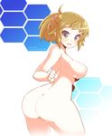  ass blue_eyes blush breasts brown_hair gundam gundam_build_fighters gundam_build_fighters_try hoshino_fumina large_breasts looking_back nipples nude ponytail rikumaru scrunchie sidelocks solo 