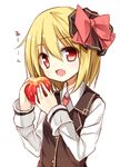  apple blonde_hair bow fang food fruit hair_bow hair_ornament hair_ribbon holding looking_at_viewer open_mouth red_eyes ribbon rumia short_hair simple_background sketch solo touhou white_background yuuhagi_(amaretto-no-natsu) 