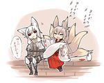  animal_ears black_sclera blonde_hair blush_stickers chibi closed_eyes fox_ears fox_tail ganesagi japanese_clothes long_hair miko multiple_girls multiple_tails original red_eyes tail thighhighs translated white_hair 