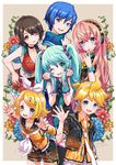  4girls 778-go aqua_eyes aqua_hair arm_warmers artist_name beamed_sixteenth_notes blonde_hair blue_eyes blue_hair brown_eyes brown_hair eighth_note fang flower green_eyes hair_ornament hair_ribbon hairclip hand_on_hip hatsune_miku headphones highres kagamine_len kagamine_rin kaito long_hair megurine_luka meiko multiple_boys multiple_girls musical_note nail_polish necktie one_eye_closed open_mouth pink_hair quarter_note ribbon short_hair shorts skirt steepled_fingers thighhighs vocaloid waving 